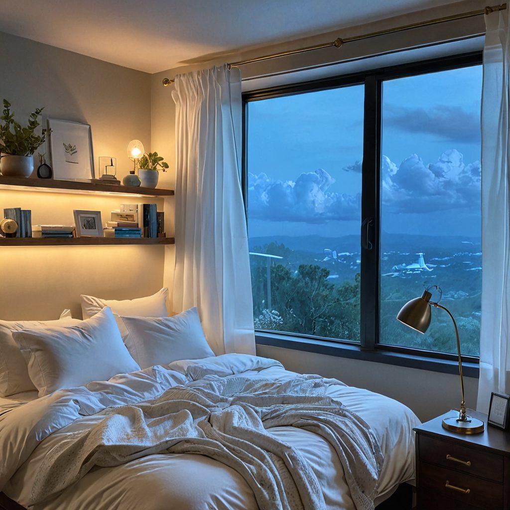 A serene bedroom scene, showcasing a peaceful person sleeping with a CPAP device, soft moonlight filtering through sheer curtains, surrounded by calming elements like a bookshelf with sleep books and a nightstand with a gentle lamp. Soft clouds and a dreamy atmosphere allude to restful sleep and wellness. super-realistic. soothing color palette. cozy ambiance.