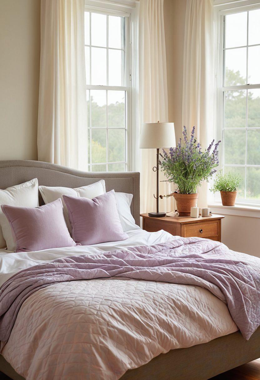 A serene bedroom setting with a cozy, well-made bed adorned with soft pillows and a light, calming quilt. A large window displays a view of a peaceful morning landscape, with soft sunlight filtering in and a gentle breeze moving sheer curtains. A bedside table holds a glass of water, an open book, and a lavender plant for relaxation. Incorporate elements of tranquility, such as light pastel colors and a soothing atmosphere. super-realistic. vibrant colors. peaceful ambiance.